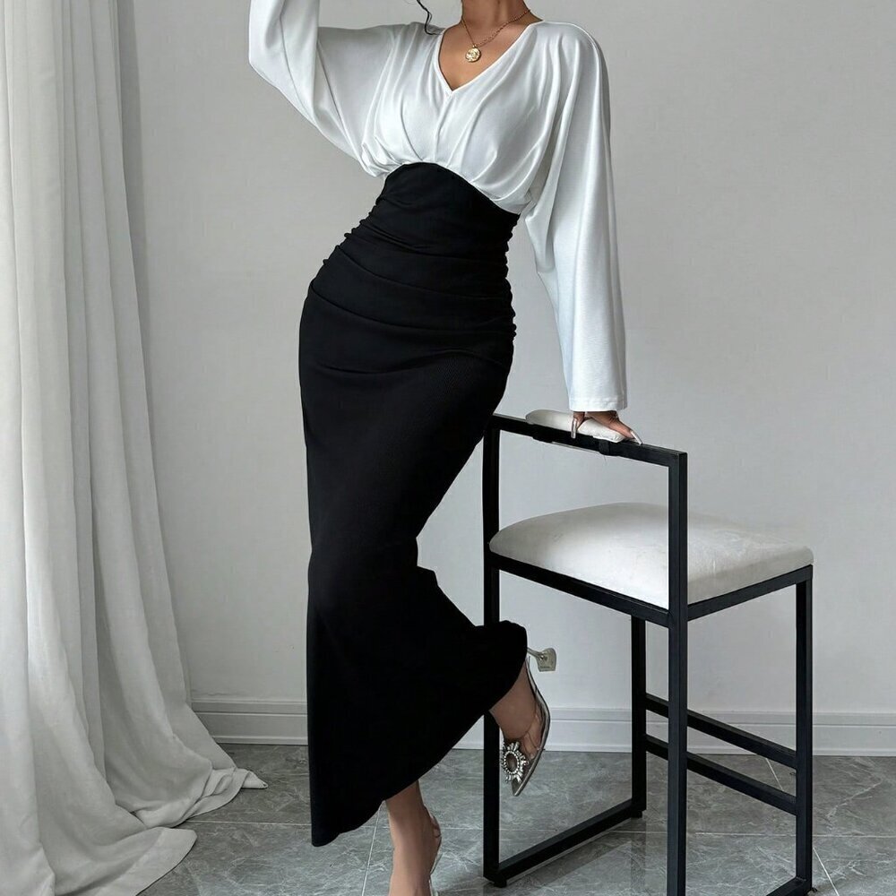 Black Elegant Women's Patchwork Long Sleeve Pleated Hem Casual Dress